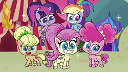 Size: 1280x720 | Tagged: safe, derpibooru import, screencap, applejack, fluttershy, pinkie pie, rainbow dash, twilight sparkle, twilight sparkle (alicorn), alicorn, earth pony, pegasus, pony, g4.5, my little pony: pony life, what goes updo, spoiler:pony life s02e17, alternate hairstyle, beehive hairdo, female, grin, hoof on hip, mare, ponytail, smiling, sparkles, updo, wings