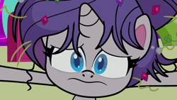 Size: 1280x720 | Tagged: safe, derpibooru import, screencap, rarity, pony, unicorn, g4.5, my little pony: pony life, what goes updo, spoiler:pony life s02e17, alternate hairstyle, blue eyes, eyelashes, frown, horn, looking at someone, messy hair, messy mane, purple hair, purple mane, pushing, solo, white fur