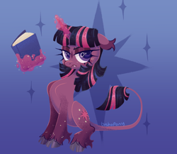 Size: 2300x2000 | Tagged: safe, artist:bishopony, derpibooru import, twilight sparkle, unicorn twilight, classical unicorn, pony, unicorn, alternate design, angry, book, cloven hooves, coat markings, colored pupils, cute, cute little fangs, cutie mark background, ears back, facial markings, fangs, female, frown, furrowed brow, gradient background, grumpy, grumpy twilight, high res, horn, leonine tail, levitation, looking at you, magic, magic aura, mare, scowl, solo, star (coat marking), telekinesis, unshorn fetlocks