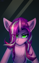 Size: 1535x2447 | Tagged: safe, artist:setharu, derpibooru import, starlight glimmer, changeling, changeling queen, unicorn, collaboration, bust, collaboration:meet the best showpony, female, gradient background, horn, looking at you, mare, portrait, solo
