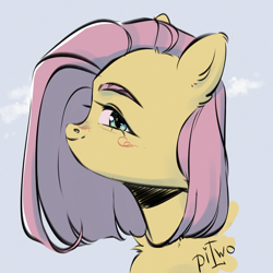 Size: 2300x2300 | Tagged: safe, artist:piwo, derpibooru import, fluttershy, pegasus, pony, g4, alternate hairstyle, aside glance, blushing, bust, chest fluff, cloud, colored, cute, eyebrows, female, high res, looking at you, mare, portrait, profile, simple background, sketch, sky, smiling, solo
