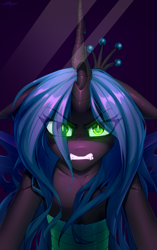 Size: 1535x2447 | Tagged: safe, artist:setharu, derpibooru import, queen chrysalis, changeling, collaboration, bust, collaboration:meet the best showpony, collarbone, fangs, female, horn, looking at you, mare, portrait, solo