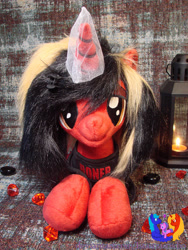 Size: 2304x3072 | Tagged: safe, artist:1stastrastudio, derpibooru import, pony, unicorn, all time low, clothes, commission, glowing, glowing horn, horn, irl, jack barakat, lying down, male, photo, plushie, ponified, prone, shirt, solo, species swap, stallion, t-shirt