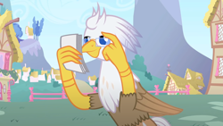 Size: 1280x720 | Tagged: safe, artist:mlp-silver-quill, derpibooru import, oc, oc:silver quill, hippogriff, after the fact, after the fact:flight to the finish, glasses, ponyville, stack of papers