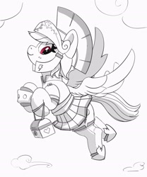 Size: 1915x2302 | Tagged: safe, artist:pabbley, derpibooru import, rainbow dash, pegasus, pony, armor, clothes, cute, dashabetes, female, flying, grayscale, helmet, legionary, looking at you, lunchbox, mare, monochrome, partial color, simple background, skirt, smiling, smiling at you, solo, white background