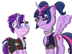 Size: 2160x1620 | Tagged: safe, artist:jesslmc16, derpibooru import, starlight glimmer, twilight sparkle, twilight sparkle (alicorn), alicorn, unicorn, g4, belt, buckle, choker, clothes, digital art, ear piercing, earring, emo, jacket, jewelry, makeup, mascara, piercing, pigtails, procreate app, signature, simple background, skirt, skull, white background