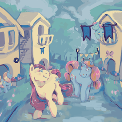 Size: 1280x1280 | Tagged: safe, artist:poniesart, derpibooru import, dewdrop dazzle, earth pony, pony, unicorn, g1, g2, g3, daffodil (g1), duo focus, houses, merriweather, spring (g2), walking