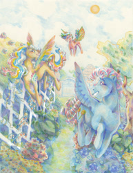 Size: 1280x1656 | Tagged: safe, artist:poniesart, derpibooru import, pegasus, pony, g1, flying, garden, rainbow curl pony, ringlet, sky, sun, traditional art, trio, unknown pony