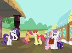 Size: 1168x862 | Tagged: safe, artist:aleximusprime, artist:selenaede, artist:sirhcx, artist:swiftgaiathebrony, derpibooru import, apple bloom, rarity, scootaloo, sweetie belle, cutie mark crusaders, luggage, next generation, sad, train, train station