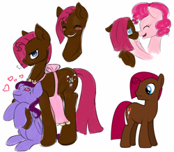 Size: 4000x3500 | Tagged: safe, artist:grace-likes-cake, derpibooru import, pinkie pie, oc, oc:gumdrop, earth pony, pony, apron, blushing, boop, clothes, colt, female, foal, grin, heart, male, mare, mother and child, mother and son, no pupils, nose wrinkle, noseboop, offspring, open mouth, open smile, parent and child, parent:cheese sandwich, parent:pinkie pie, parents:cheesepie, simple background, smiling, stallion, trio, unnamed oc, white background