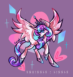 Size: 960x1015 | Tagged: safe, artist:squiggleliggle, derpibooru import, princess flurry heart, alicorn, pony, adult flurry heart, colored, colored wings, concave belly, crown, eye clipping through hair, eyelashes, female, gradient wings, head turn, heart, heart background, hoof shoes, jewelry, mare, older, older flurry heart, princess shoes, raised hoof, raised leg, regalia, signature, slim, solo, spread wings, thin, wings