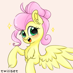 Size: 1080x1080 | Tagged: safe, artist:twiliset, derpibooru import, fluttershy, pegasus, pony, alternate hairstyle, beautiful, blushing, chest fluff, cute, ear fluff, ears, female, half body, looking at you, mare, new hairstyle, open mouth, open smile, red face, simple background, smiling, smiling at you, solo, spread wings, stars, white background, wings