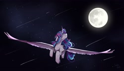 Size: 4194x2420 | Tagged: safe, artist:stellardoodles, derpibooru import, princess flurry heart, alicorn, pony, colored wings, ears, female, floppy ears, flying, full moon, gradient wings, head turn, high res, large wings, looking at something, looking up, mare, moon, night, older, older flurry heart, solo, spread wings, wings