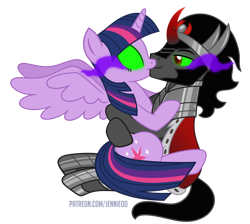 Size: 1000x895 | Tagged: safe, artist:jennieoo, derpibooru import, king sombra, twilight sparkle, twilight sparkle (alicorn), alicorn, pony, unicorn, female, hug, hugging a pony, kiss on the lips, kissing, male, mind control, show accurate, simple background, sitting on lap, sombra eyes, straight, transparent background, vector