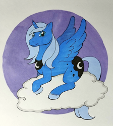 Size: 1148x1280 | Tagged: safe, artist:darkhestur, derpibooru import, princess luna, alicorn, cloud, g1 style, marker drawing, on a cloud, simple background, sitting, sitting on cloud, solo, traditional art