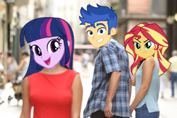 Size: 2500x1667 | Tagged: safe, derpibooru import, flash sentry, sunset shimmer, twilight sparkle, human, equestria girls, angry, distracted boyfriend meme, female, girlfriend, male, meme, smiling, sunset shimmer is not amused, unamused