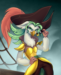 Size: 1596x1959 | Tagged: safe, artist:kanika-png, derpibooru import, captain celaeno, anthro, bird, my little pony: the movie, female, hand on hip, ornithian, parrot pirates, pirate, ship, signature, smiling, smirk, solo