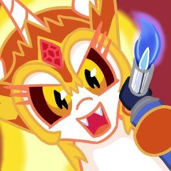 Size: 280x280 | Tagged: safe, artist:jargon scott, derpibooru import, daybreaker, alicorn, pony, blowtorch, fangs, female, furrowed brow, hi anon, hoof hold, looking at you, mare, meme, open mouth, open smile, profile picture, smiling, smiling at you, solo