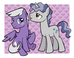 Size: 2650x2086 | Tagged: safe, artist:catachromatic, artist:starshinecelestalis, artist:the smiling pony, derpibooru import, silver script, star bright, pegasus, pony, unicorn, black outlines, blushing, duo, duo male, gay, heart, horn, male, open mouth, partially open wings, shipping, sitting, smiling, stallion, standing, starscript, talking, tiled background, wings