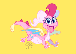 Size: 3579x2551 | Tagged: safe, artist:janegumball, derpibooru import, pinkie pie, dragon, dragoness, dragonified, female, high res, open mouth, open smile, pinkiedragon, running, simple background, smiling, solo, species swap, spread wings, spyro the dragon (series), wings, yellow background