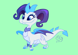 Size: 3579x2551 | Tagged: safe, artist:janegumball, derpibooru import, rarity, dragon, crossover, dragoness, dragonified, female, green background, high res, horns, peytral, raridragon, simple background, smiling, solo, species swap, spyro the dragon (series)