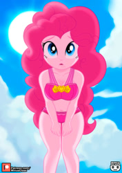 Size: 1414x2000 | Tagged: safe, artist:minusclass, derpibooru import, part of a set, pinkie pie, human, equestria girls, belly button, bikini, bikini bottom, bikini top, breast squeeze, breasts, cleavage, clothes, cloud, concerned, female, legs, looking at you, midriff, outdoors, patreon, patreon logo, sky, solo, swimsuit