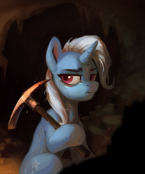 Size: 2526x3043 | Tagged: safe, artist:jewellier, derpibooru import, trixie, pony, unicorn, female, mare, mine, pickaxe, rock farm, sitting, solo, trixie is not amused, unamused