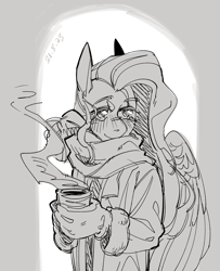 Size: 1930x2377 | Tagged: safe, artist:yuyusunshine, derpibooru import, fluttershy, anthro, clothes, coffee, monochrome, scarf, solo