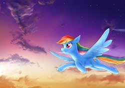 Size: 4093x2894 | Tagged: safe, artist:eltanin14d, derpibooru import, rainbow dash, pegasus, pony, cloud, female, flying, high res, mare, sky, solo, spread wings, stars, wings