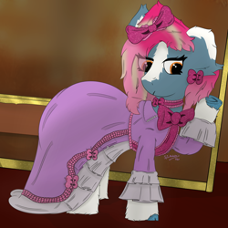 Size: 4000x4000 | Tagged: safe, artist:spiroudada, derpibooru import, oc, oc only, earth pony, pony, clothes, cute, dress, earth pony oc, female, french description, mare, pink, smiling