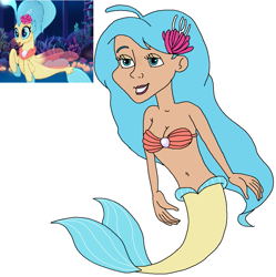 Size: 963x965 | Tagged: safe, artist:ocean lover, derpibooru import, princess skystar, human, mermaid, seapony (g4), my little pony: the movie, beautiful, belly button, blue eyes, blue hair, bra, breasts, cheerful, cleavage, clothes, curvy, cute, fins, fish tail, flower, flower in hair, freckles, hourglass figure, human coloration, humanized, jewelry, lidded eyes, lips, long hair, looking at someone, mermaid princess, mermaid tail, mermaidized, midriff, ms paint, pearl, reference, reference sheet, seaquestria, seashell, seashell bra, simple background, skyabetes, smiling, species swap, tail, underwear, white background