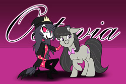 Size: 2400x1600 | Tagged: safe, artist:mofetafrombrooklyn, derpibooru import, octavia melody, anthro, demon, earth pony, pony, crossover, cute, cutie mark, happy, helluva boss, high heels, octavia (helluva boss), shoes