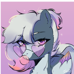 Size: 2300x2300 | Tagged: safe, artist:piwo, derpibooru import, oc, oc only, pegasus, pony, bubble, bubblegum, colored, commission, cool, eyelashes, food, glasses, gum, heart, looking at you, pegasus oc, pink background, pink eyes, shading, simple background, sketch, tail, ych result, your character here