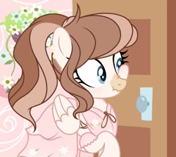 Size: 1212x1080 | Tagged: safe, artist:cstrawberrymilk, derpibooru import, oc, oc only, oc:strawberry milk, pegasus, pony, clothes, door, dress, female, flower, leaning, nose wrinkle, ponytail, scrunchy face, solo