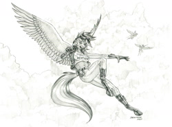 Size: 1400x1037 | Tagged: safe, artist:baron engel, derpibooru import, rainbow dash, anthro, pegasus, pony, unguligrade anthro, abs, background pony, belly, cloud, female, mare, midriff, monochrome, pencil drawing, slim, spread wings, thin, traditional art, wings