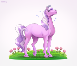 Size: 2077x1774 | Tagged: safe, artist:jenery, derpibooru import, diamond tiara, earth pony, pony, g4, female, flower, grass, hoers, looking at you, mare, older, older diamond tiara, rose, signature, solo