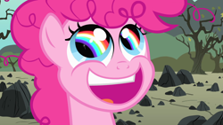 Size: 1920x1080 | Tagged: safe, derpibooru import, screencap, pinkie pie, earth pony, pony, season 1, the cutie mark chronicles, cute, diapinkes, faic, female, filly, filly pinkie pie, foal, messy mane, open mouth, open smile, pinkie pie is best facemaker, rainbow, rock farm, smiling, solo, wingding eyes, younger