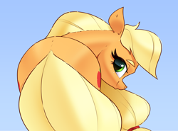 Size: 3330x2470 | Tagged: safe, artist:aquaticvibes, derpibooru import, applejack, earth pony, pony, applebutt, butt, croup, female, hatless, light blue background, looking at you, looking back, looking back at you, mare, missing accessory, rear view, simple background, smiling, smiling at you, solo