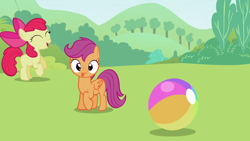 Size: 1920x1080 | Tagged: safe, derpibooru import, apple bloom, scootaloo, sweetie belle, earth pony, pegasus, pony, lesson zero, season 2, apple bloom's bow, ball, bow, cute, cutealoo, cutie mark crusaders, derp, duo, female, filly, foal, grass, grass field, hair bow, looking at you, park, tongue, tongue out, tree