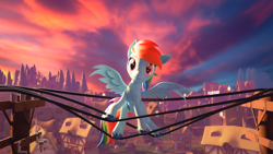 Size: 3840x2160 | Tagged: safe, artist:featray, derpibooru import, rainbow dash, pegasus, pony, 3d, blender, colored hooves, female, house, looking at you, mare, ponyville, power line, sky, solo, spread wings, sunset, this will end in electrocution, tree, unshorn fetlocks, wings