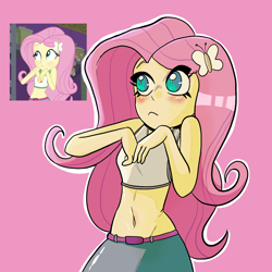 Size: 2048x2048 | Tagged: safe, artist:wasabirivers, derpibooru import, fluttershy, human, equestria girls, legend of everfree, :<, belly button, blushing, camp everfree outfits, female, high res, midriff, pink background, redraw, screencap reference, simple background, solo