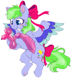 Size: 4453x4868 | Tagged: safe, artist:cutepencilcase, derpibooru import, oc, oc only, oc:fancy confetti, pegasus, pony, balloon, balloon animal, bow, commission, commissioner:puffydearlysmith, cute, ear piercing, earring, female, hair bow, jewelry, mare, pegasus oc, piercing, simple background, smiling, solo, tail, tail bow, transparent background