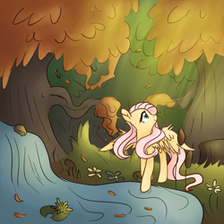 Size: 2000x2000 | Tagged: safe, artist:lostsheep, derpibooru import, fluttershy, pegasus, pony, cute, female, flower, forest, grass, leaves, lilypad, looking up, mare, pond, rock, solo, spread wings, sun, tree, water, wings