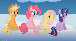 Size: 1187x637 | Tagged: safe, derpibooru import, screencap, applejack, fluttershy, pinkie pie, twilight sparkle, unicorn twilight, earth pony, pegasus, pony, unicorn, sonic rainboom (episode), cloud, cropped, group, sitting, smiling