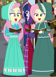 Size: 2394x3264 | Tagged: safe, artist:robukun, derpibooru import, big macintosh, flutterholly, fluttershy, merry, rarity, sci-twi, twilight sparkle, human, equestria girls, caroling, clothes, comparison, cropped, dress, long dress, long skirt, skirt, solo focus, victorian, victorian dress