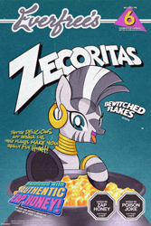 Size: 1280x1920 | Tagged: safe, artist:theratedrshimmer, derpibooru import, zecora, zebra, cereal, cereal box, cute, food, parody, solo, zecorable