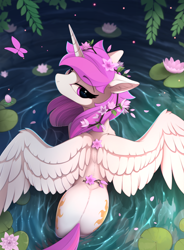 Size: 1670x2266 | Tagged: safe, artist:yakovlev-vad, edit, edited edit, editor:assturtle, princess celestia, alicorn, pony, alternate hairstyle, both cutie marks, butt, cute, cutelestia, ear fluff, ears, female, floppy ears, flower, flower in hair, from above, high angle, lidded eyes, lily (flower), lilypad, looking at you, looking back, looking back at you, looking up, looking up at you, mare, pink-mane celestia, plot, pretty, solo, spread wings, sunbutt, tree branch, water, water lily, wings