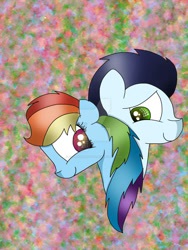 Size: 750x1000 | Tagged: safe, artist:sapphirearts0123, derpibooru import, rainbow dash, soarin', pegasus, pony, female, male, mare, shipping, smiling, soarindash, stallion, straight