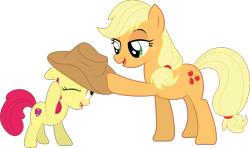 Size: 1802x1068 | Tagged: safe, artist:prixy05, derpibooru import, apple bloom, applejack, earth pony, pony, apple sisters, applejack's hat, clothes, cowboy hat, duo, hat, siblings, simple background, sisters, transparent background, vector