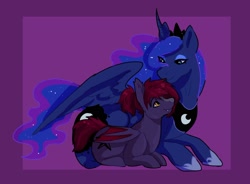 Size: 2048x1507 | Tagged: safe, artist:lovelock, derpibooru import, princess luna, oc, oc:sunup howdy, bat pony, commission, cuddling, ych result